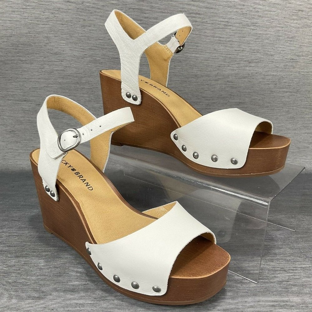 Lucky Brand Shoes Womens Sz 6 Zashti White Angora Vegan Leather Wedge Sandal New - Picture 2 of 10
